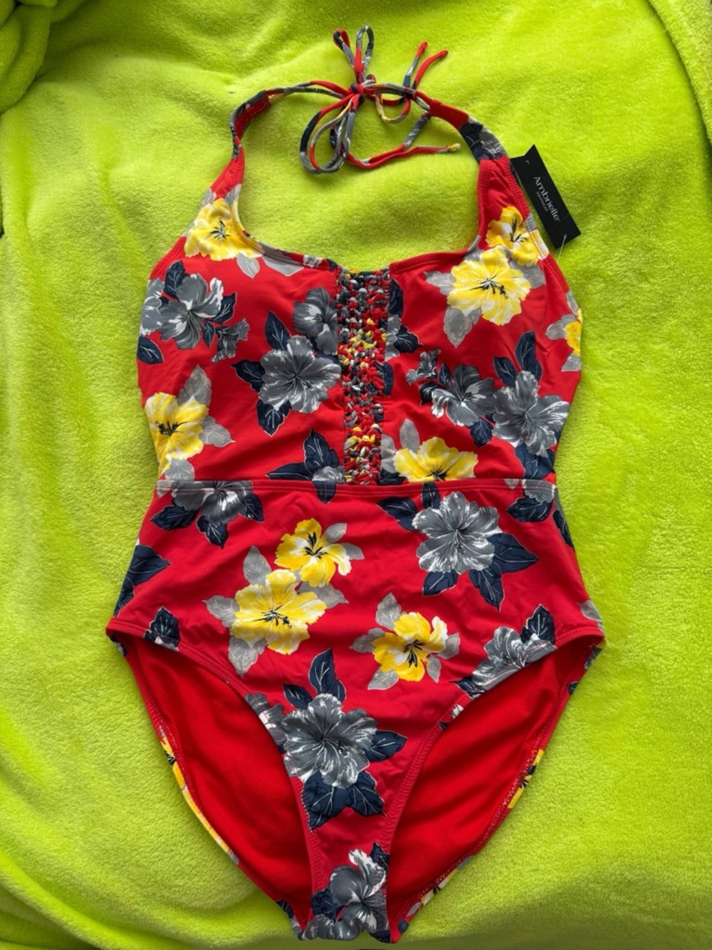 Ambrielle Red Floral Halter One-Piece Swimsuit with Yellow & Gray Flowers